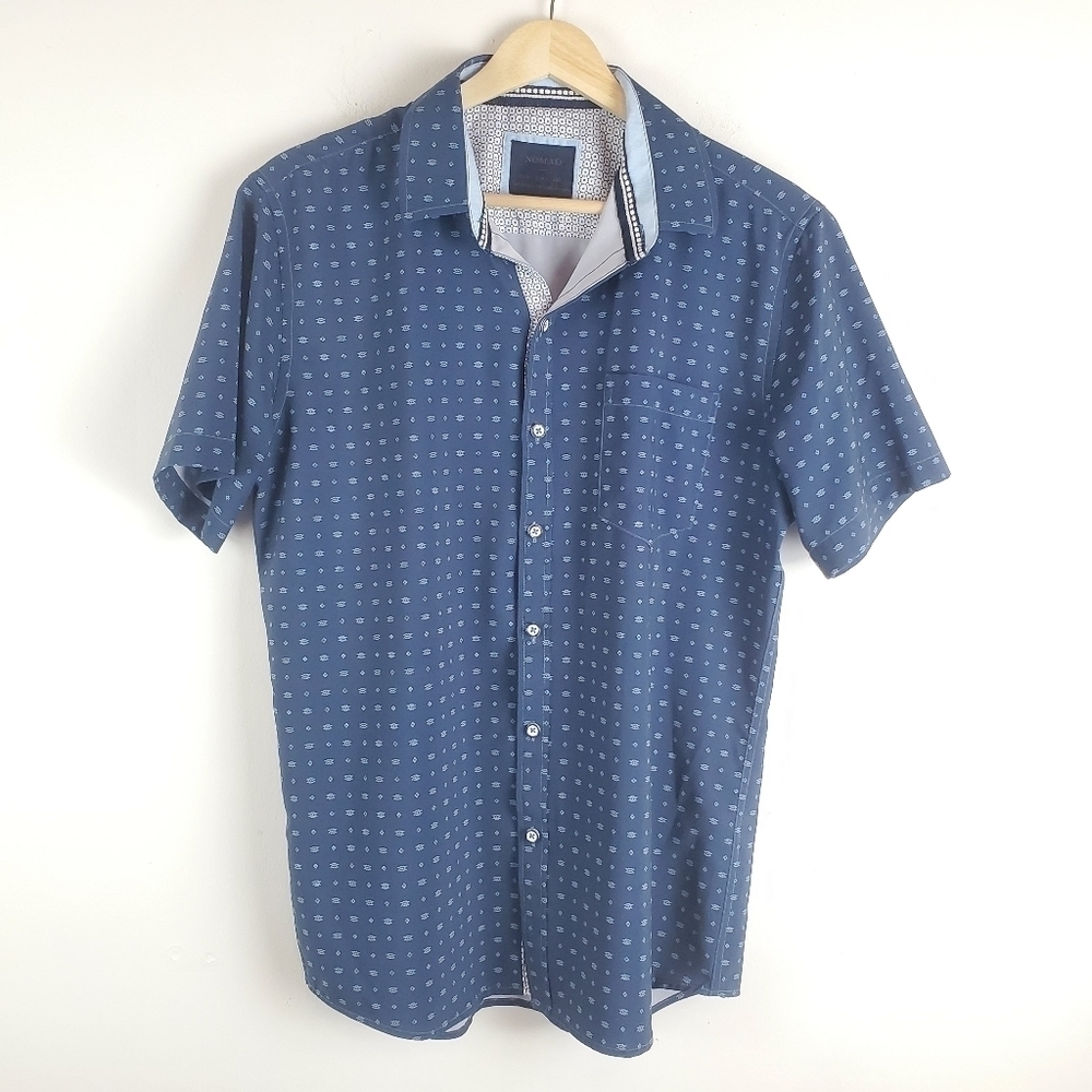 Nomad Small Short Sleeve button up Shirt Stretch blue preppy‎ frat